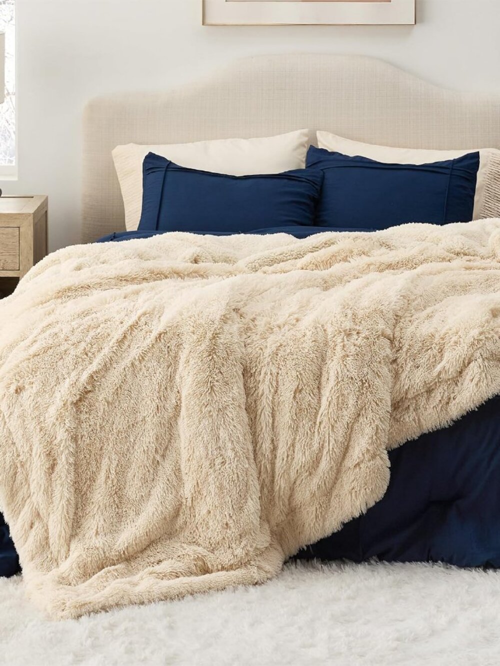 NEW King Beige Faux Fur Sherpa Blanket 108x90 Cozy Reversible Fleece